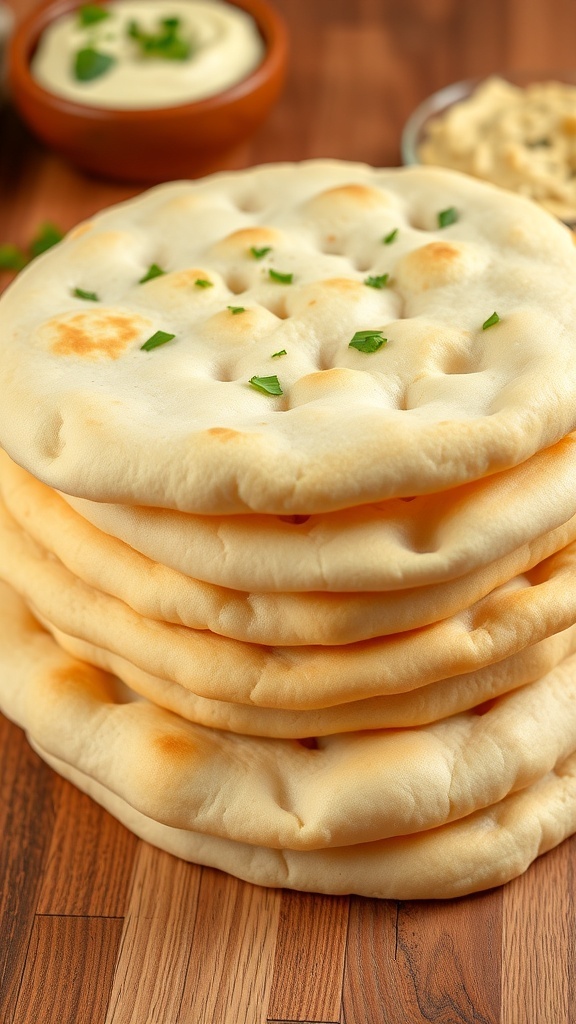 Quick Homemade Pita Bread Recipe Freshly baked pita bread stacked on a wooden surface, with a bowl of hummus in the background.